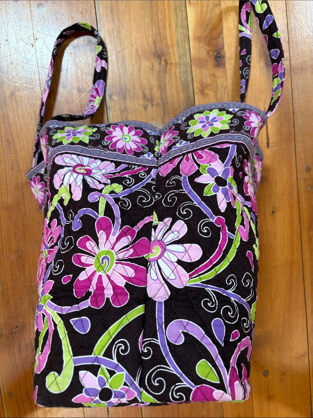 Vera Bradley Black Quilted Tote with Pink & Green Floral Pattern - Picture 2 of 13